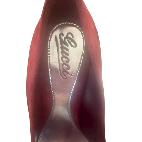 Gucci Suede Peep Toe Platform Pumps Burgundy Stiletto Heel EU 37.5 US 7.5 - Picture 4 of 14
